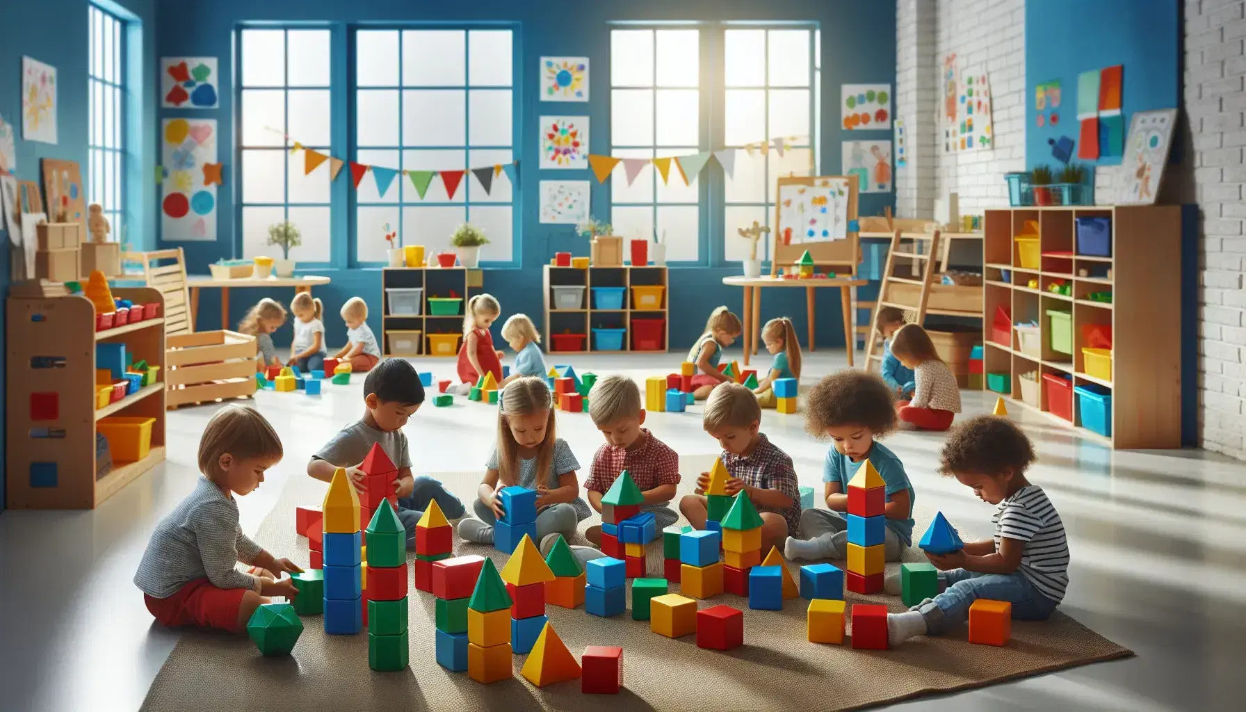 Niños jugando con cuerpos geométricos en el Nivel Inicial